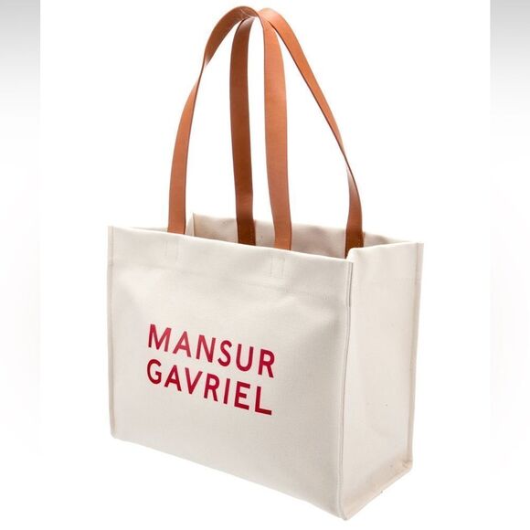 Mansur Gavriel Canvas with Leather Straps Logo Graphic Tote Bag - Picture 3 of 6